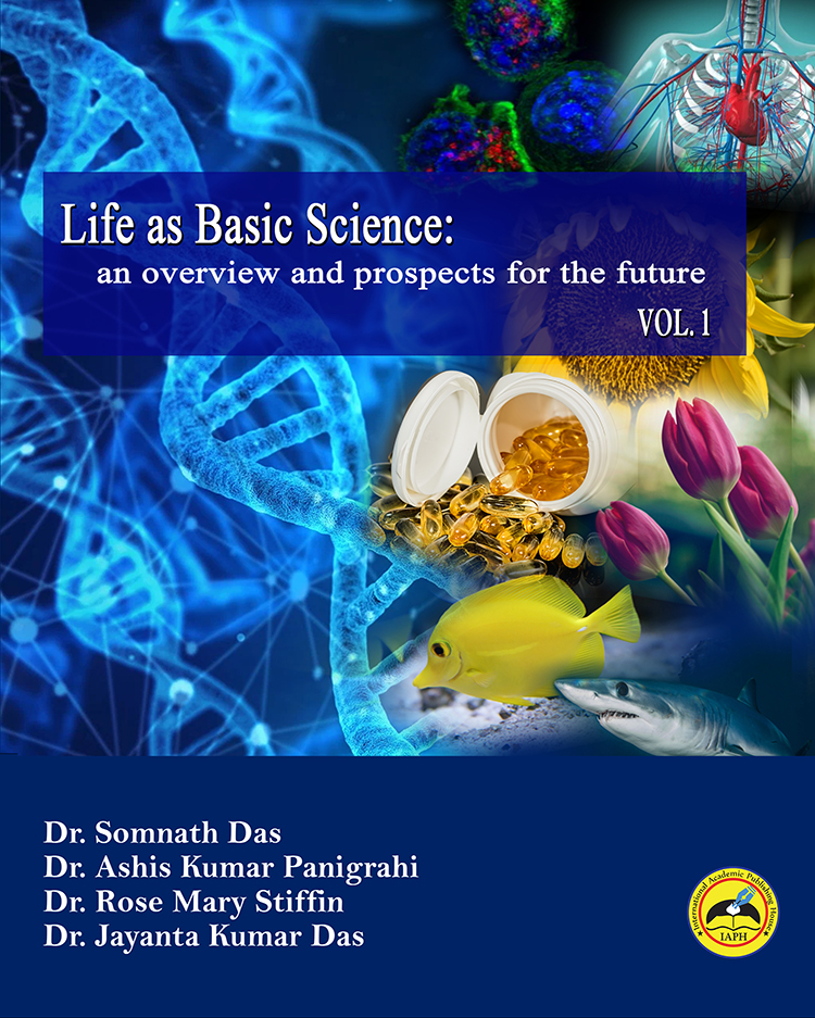 Cover image of the book "Life as Basic Science: an overview and prospects for the future, Vol. 1" featuring DNA strands, human anatomy, marine life, plants, and nutritional supplements.